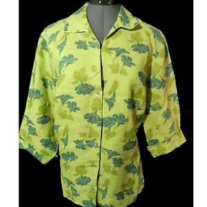 CUT LOOSE Vintage Floral 100% Linen Shirt Blouse M Green Blue Short Sleeve Top
